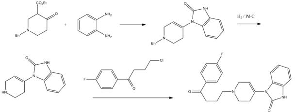 Droperidol can be synthesized from 1-benzyl-3-carbethoxypiperidin-4-one and o-phenylendiamine, and after recomposition, the resluting product reacts with 4-chloro-4'-fluorobutyrophenone, the aim product is obtained